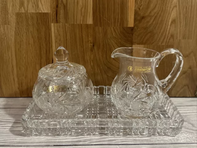 ZAWIERCIE 24% LEAD CRYSTAL Cut Glass Small Cream Milk Jug & Sugar Bowl Tray