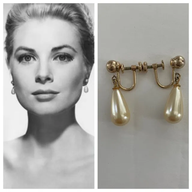 VTG Loran Sim Co. 1940s 12K Gold Filled Pearl Drop Teardrop Screw Back Earrings