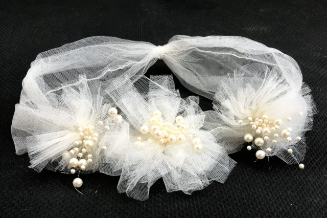 Vintage Style Bride White Tulle Flowers Headband Pearls Wedding Flapper