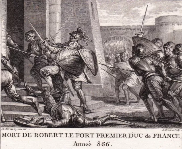 Gravure XVIIIe Mort Robert Le Fort Premier Duc France  Bataille Brissarthe 866