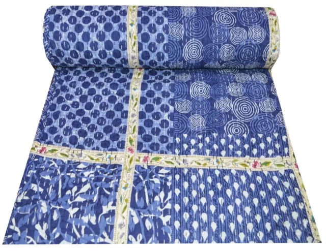 Hand Block Blue Patchwork Kantha Quilt Cotton Throw Indian Handmade Twin Blanket