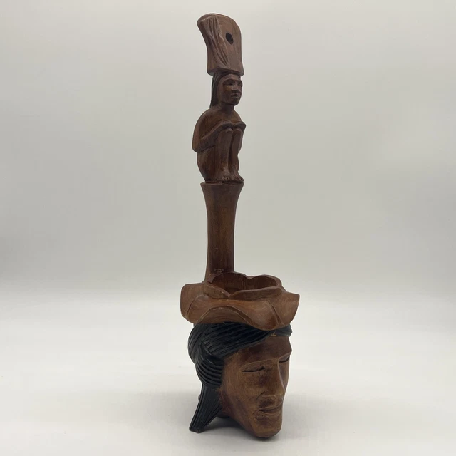 Vintage Indonesian Hand Carved Wood Tribal Figural Water Dipper Ladle 14 inch