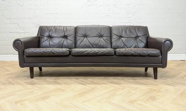 Mid-Century Vintage Retro Danish Dark Brown Leather 3 Seater Sofa Settee 1960s