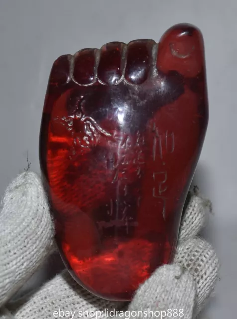3.6" Old Chinese Red Amber Sculpture Feng Shui Toe Foot Lucky Sculpture