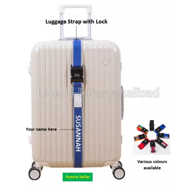 Personalised 2m Luggage Baggage Strap with Lock Name Tag Text Custom Embroidered