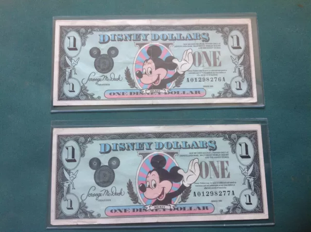 1990 Disneyland Disney Dollars $1 Dollar Bills AA Series Consecutive Serial #s 1990 Disneyland Disney Dollars $1 Dollar Bills AA Series Consecutive Serial #s