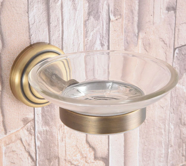Antique Brass Bathroom Accessories Glass Soap Dish Storage Holder Wall Mounted