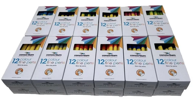 288 Consortium Fine Tip Felt Pens 12 Colours Colouring Pens Class Pack