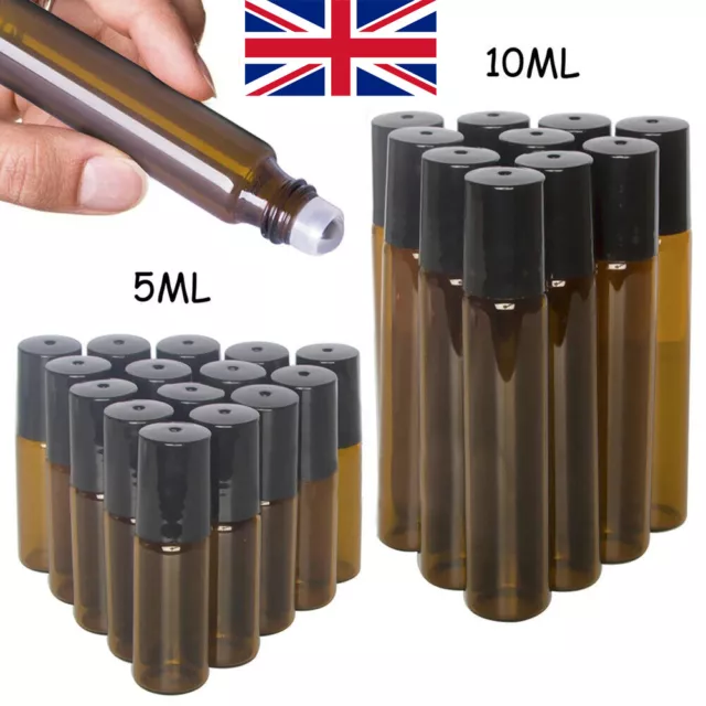 5/10ml Amber Roll On Glass Bottles Lot Essential Oil Metal Roller Ball Empty UK