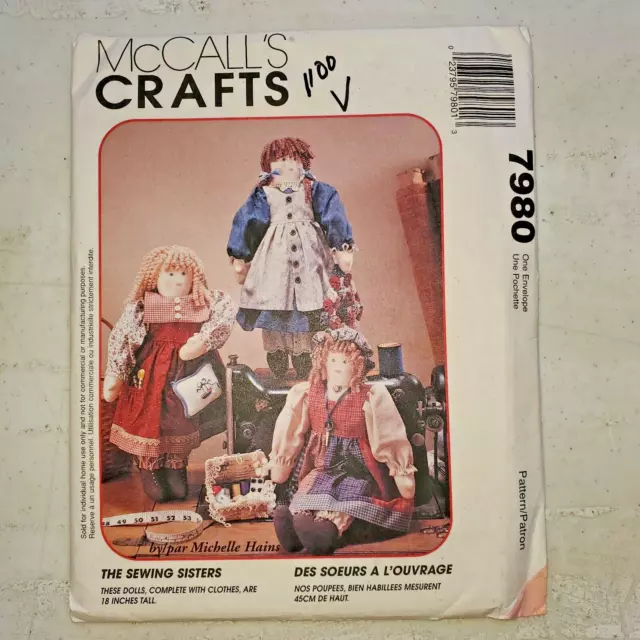 Vtg McCalls Craft Pattern 7980 Sewing Sister Dolls /w 3 Outfit 18" in UNCUT 1995
