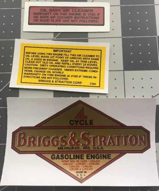 Briggs & Stratton old repro 1949 - 62 engine & B&S Oil Bath decal set of 3