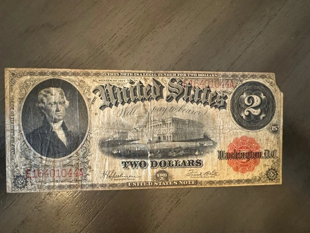 1917 $2 Two Dollar Red Seal Legal Tender Large Size United States Note Bill
