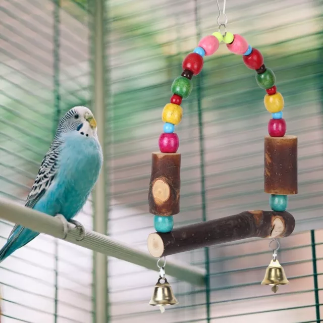 Holz Vogelkäfig Stand Papagei Hanging Swing Mit Bunten Perlen Bell Resting Spx