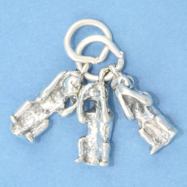 Three Wise Monkeys See Hear Speak No Evil Movable 3D 925 Sterling Silver Charm