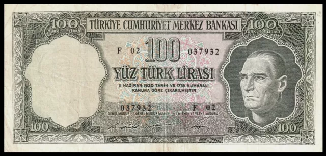 🇹🇷 TURKEY ATATURK 100 LIRA 1969 , P-182 Prefix : F 02 BANKNOTE