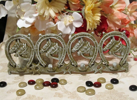 Cast Iron HORSESHOE HORSES 4-Hook WALL HOOK COAT RACK Whitewash on Sage/Grey