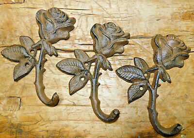 3 Cast Iron Antique Style ROSE Garden FLOWER Coat Hooks Hat Hook Key Rack Towel