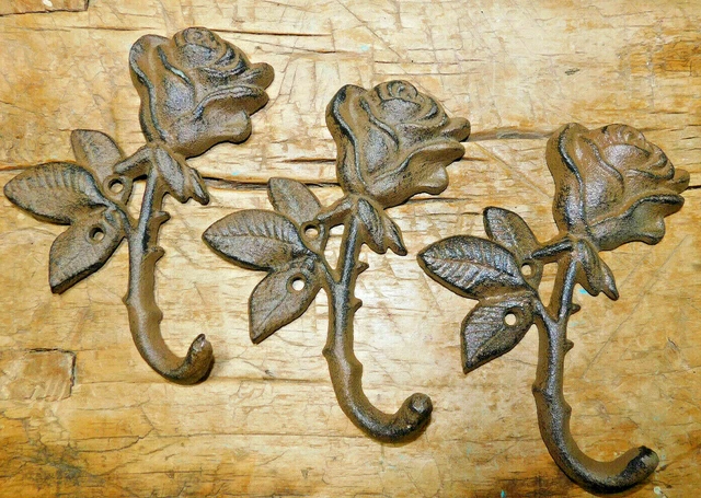 3 Cast Iron Antique Style ROSE Garden FLOWER Coat Hooks Hat Hook Key Rack Towel