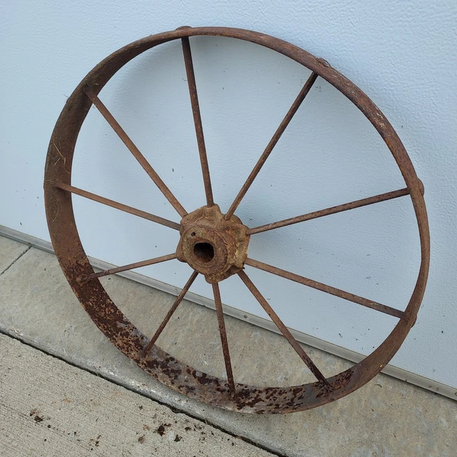 24" Antique Vintage Steel Spoke Wagon Wheel Plow Cart Implement Farm Decor