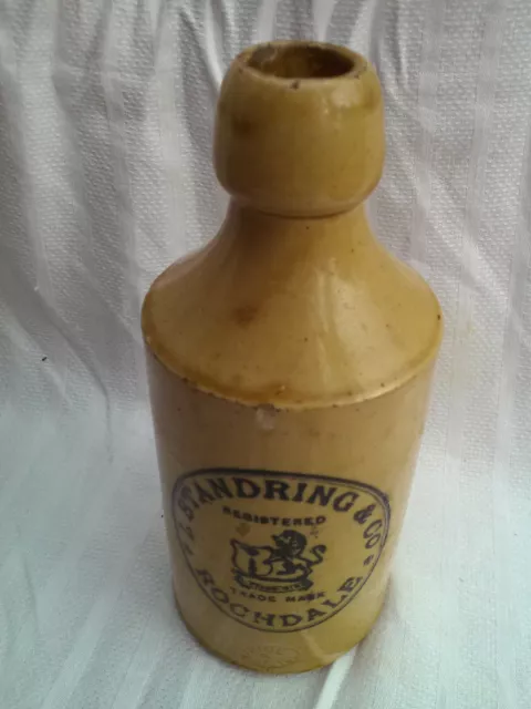 Scarce I Standring & Co Rochdale printed & etched lion shield ginger beer bottle