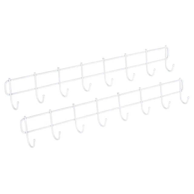 Wall Hook Rack No Drilling Wall Mounted with 8 Hooks Hanger White 2Pcs