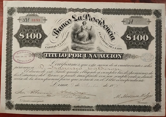 Peruvian 1871 Lima Banco Providencia 400 Soles Bond Loan Share Titulo Accion