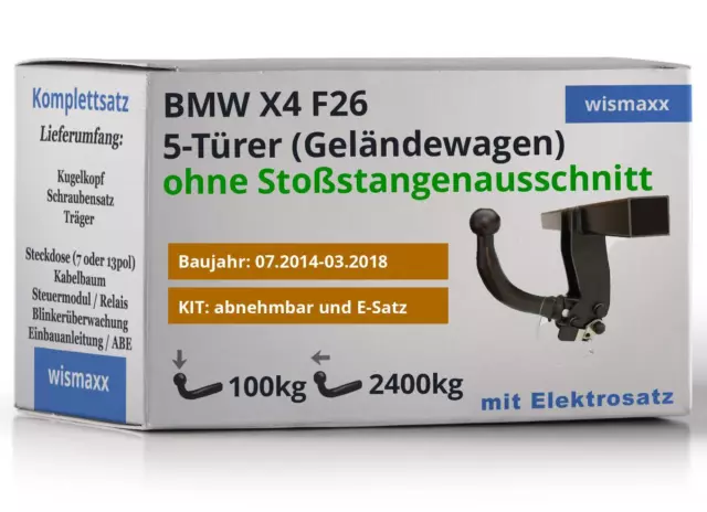 AutoHak Anhängerkupplung abnehmbar für BMW X4 SUV F26 14-18 13pol E-Satz ABE AHK