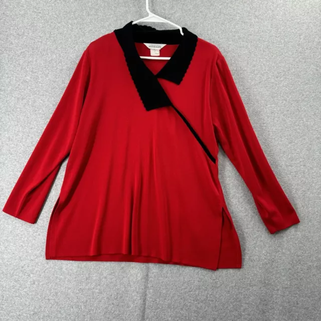 Exclusively Misook Top Large Red Black Asymmetrical Pullover Long Sleeve Blouse