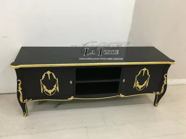 Mobile porta TV basso in legno stile barocco madia nero e oro L160cm k128