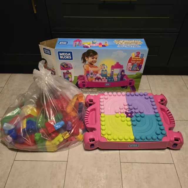 Mega Bloks Build ‘n’ Learn Pink Table Boxed with Bag of Lots of Bricks!