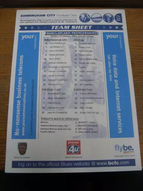 12/01/2003 Colour Teamsheet: Birmingham City v Arsenal