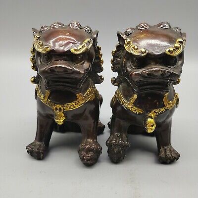 Old Chinese Fengshui red copper gilt Guardion Foo Fu Dog Lion beast statue pair