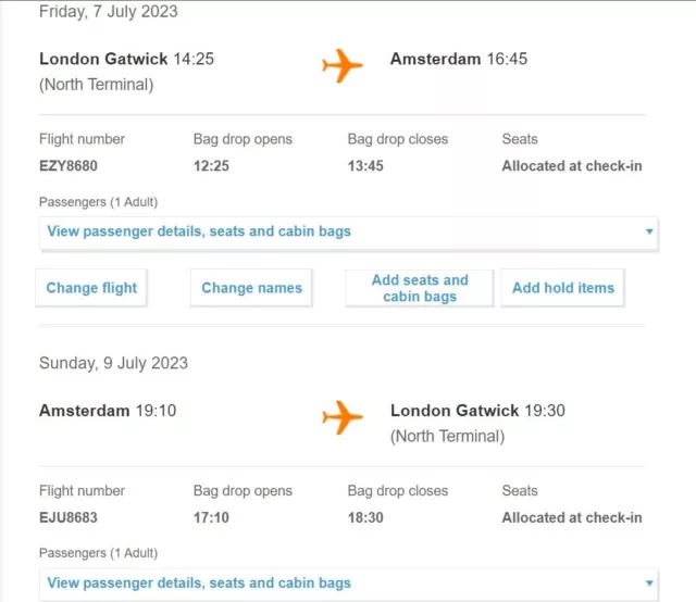 One return Easyjet tickets to Amsterdam from London - 2 nights (7th to 9th July)