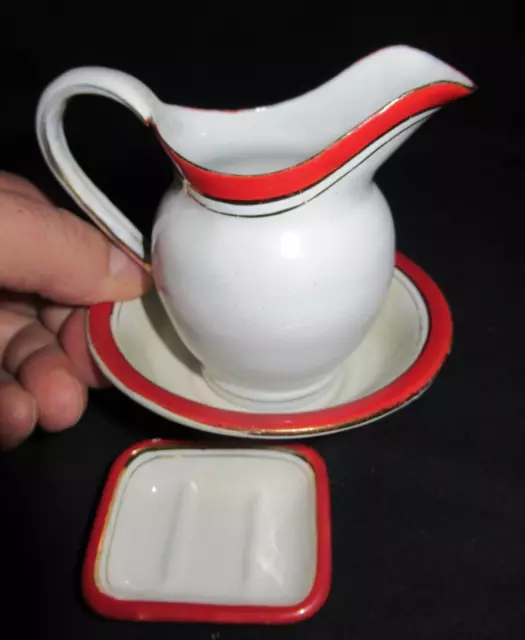 Dînette Ancienne En Tôle émaillée - 11 Pièces, Décor Marbre Blanc Sur Bleu