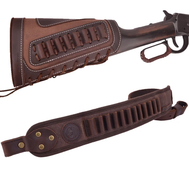 Coffee Leather Rifle Buttstock With Ammo Pouch – Fits Henry .22LR, .17HMR, .22Mag – 16-Round Canvas & Leather
