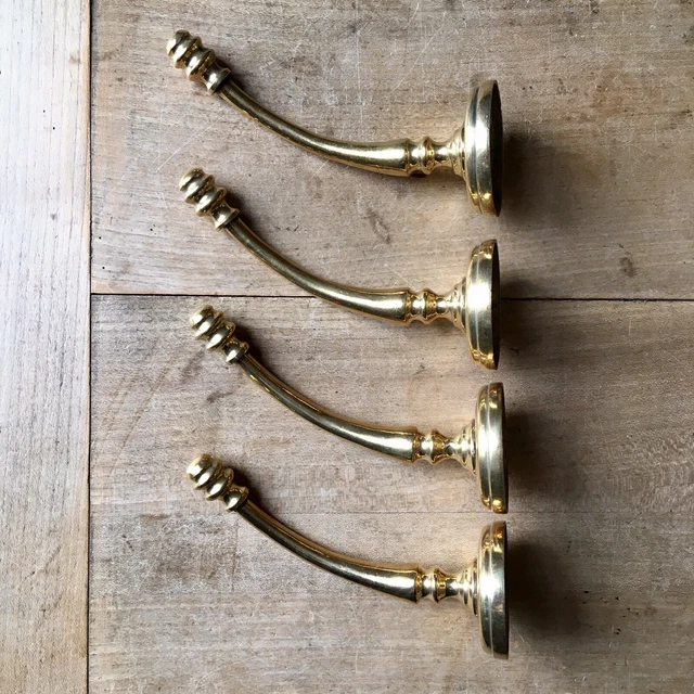 X1 SINGLE Antique Brass Coat Hook Victorian Original Reclaimed Old Vintage 2