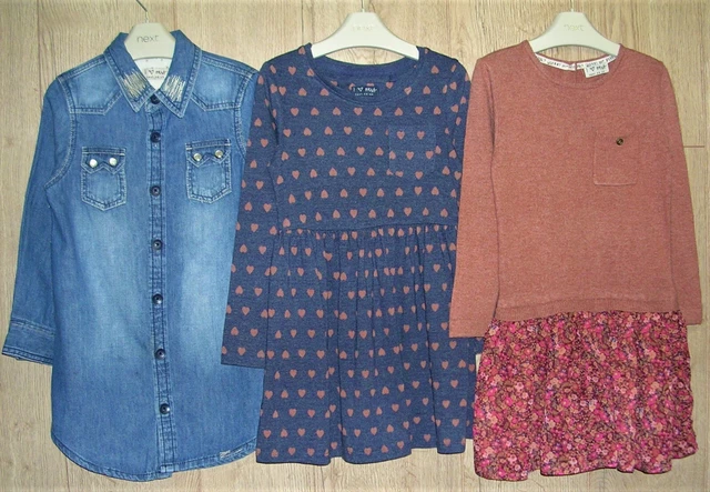 NEXT Girls 3 x Denim Blue Brown Floral Dresses Dress Bundle Age 4-5 110cm