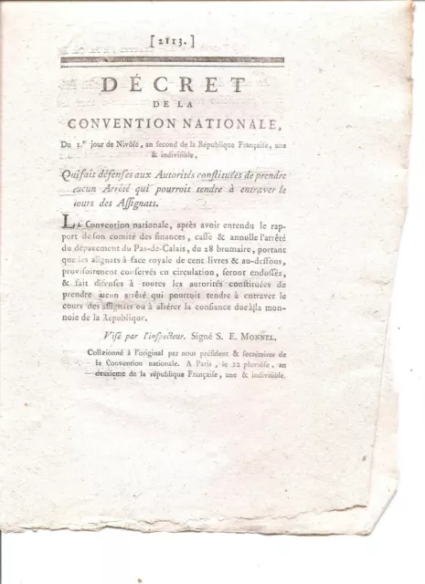 DECRET A LA CONV. NATIONALE/an 2/ Aucun Arrêté ..Entraver le cours des Assignats