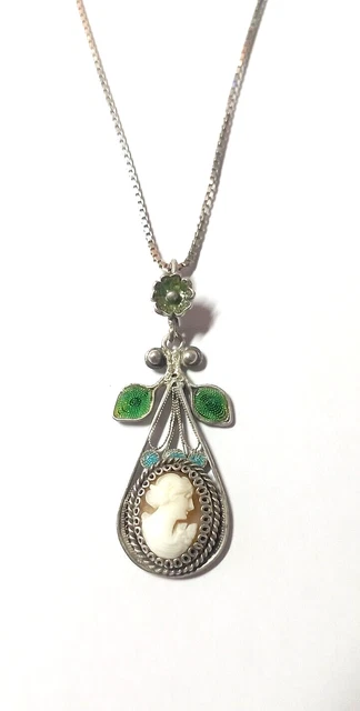 Pendentif Camé Sur Monture Fil D'argent Filigrané émaillé – Ancien, Argent 925