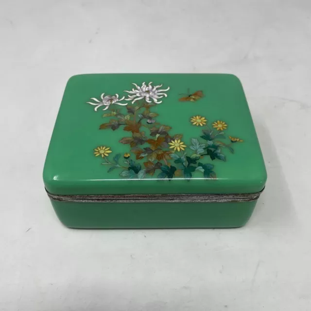 Japanese Green Cloisonne Enamel Box Meiji Period with Butterflies and Flowers