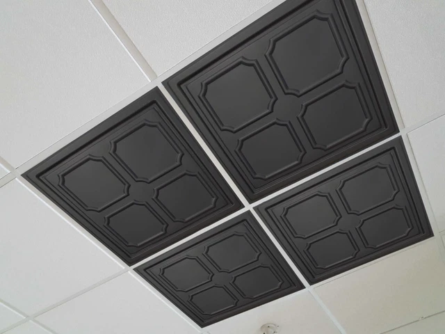Drop Ceiling Tiles, 24" x 24" PVC, ALFA Black 40 PCS and 100ft Grid Cover