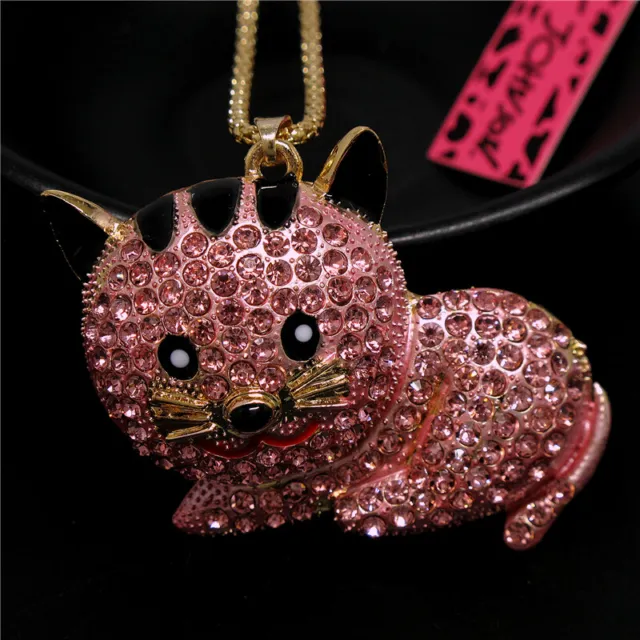 Fashion Women Rhinestone Pink Crystal Cute Cat Pendant Sweater Chain Necklace