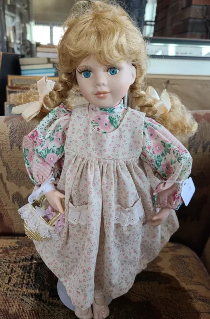 #447-Porcelain Country Style Doll 16" Blonde Hair Blue Eyes ♡ Gorgeous Outfit