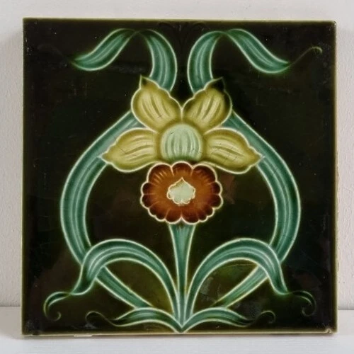 Stunning Antique Art Nouveau 6" x 6" Victorian Tile Henry Richards circa 1900s