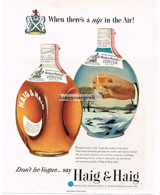 1954 HAIG & HAIG Scotch Whiskey Two Bottles Winter Scene art Vintage Ad