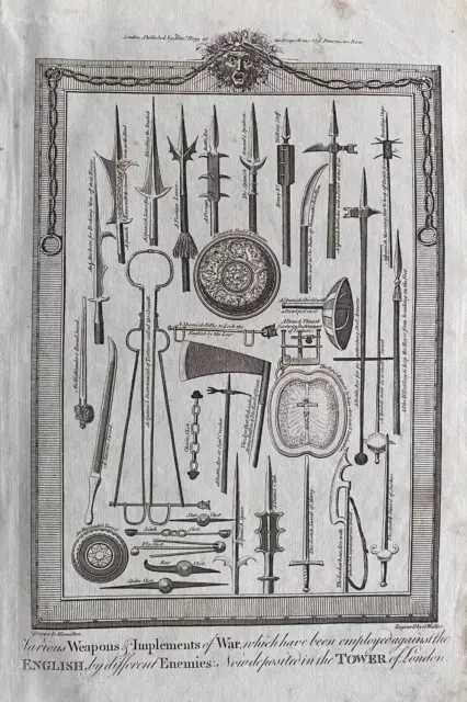 1784 Antique Print; Weapons of War held in the Tower of London
