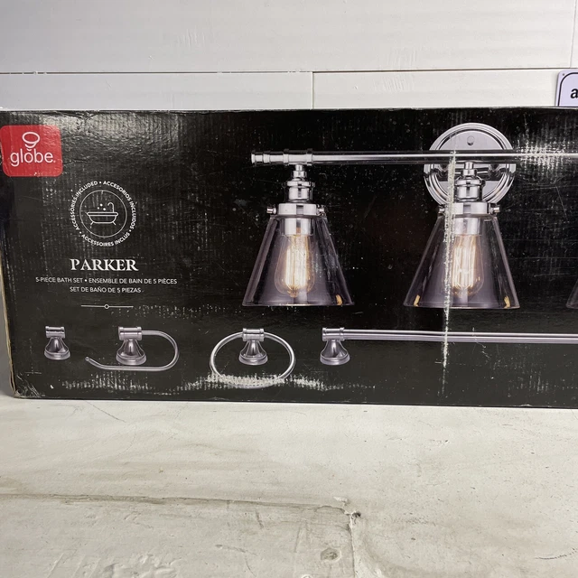 Globe Parker 3-Light Chrome Vanity Light W/ Clear Glass Shades & Bath 5 pc. set