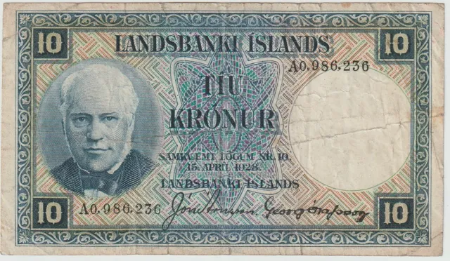 Iceland 10 Kronur Banknote 1928 Very Fine Condition Pick#28-B"J. Sigurdeson"