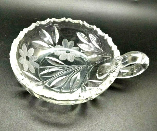 American Brilliant Glass Antique Candy Bowl Flower Vines Handle Sawtooth Edge
