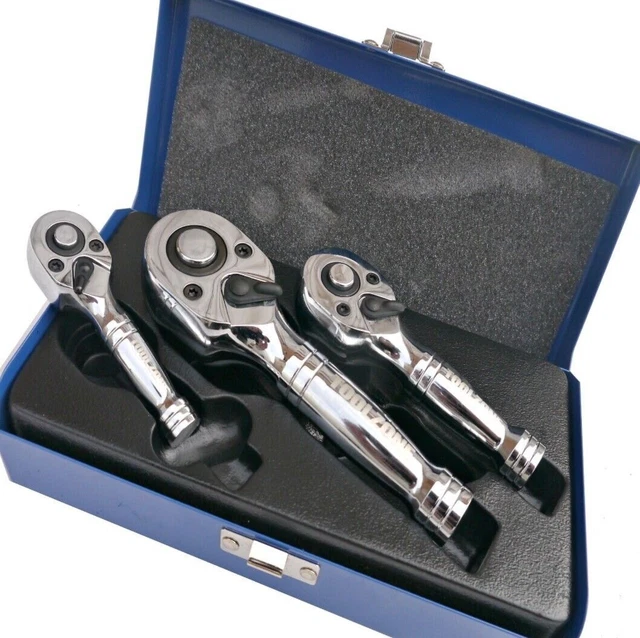 Professionnel Stubby 3pc 1/4" 3/8" 1/2" Drive Handle 72 dents CRV Ratchet Set